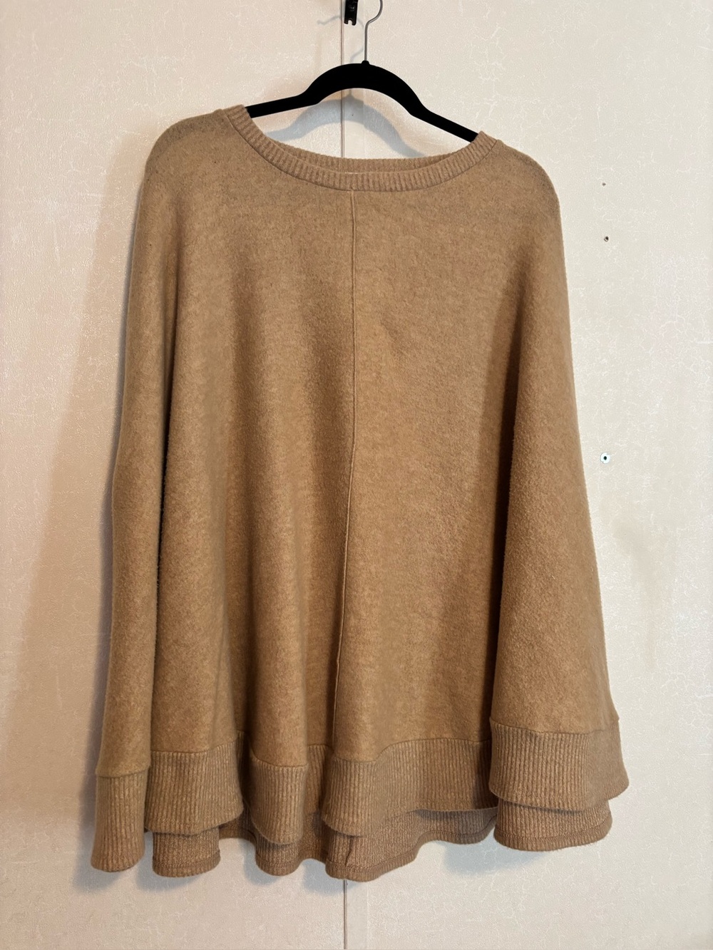 Story | Women's Off-the-Shoulder Layered Hem Sweater in Camel | Size Large